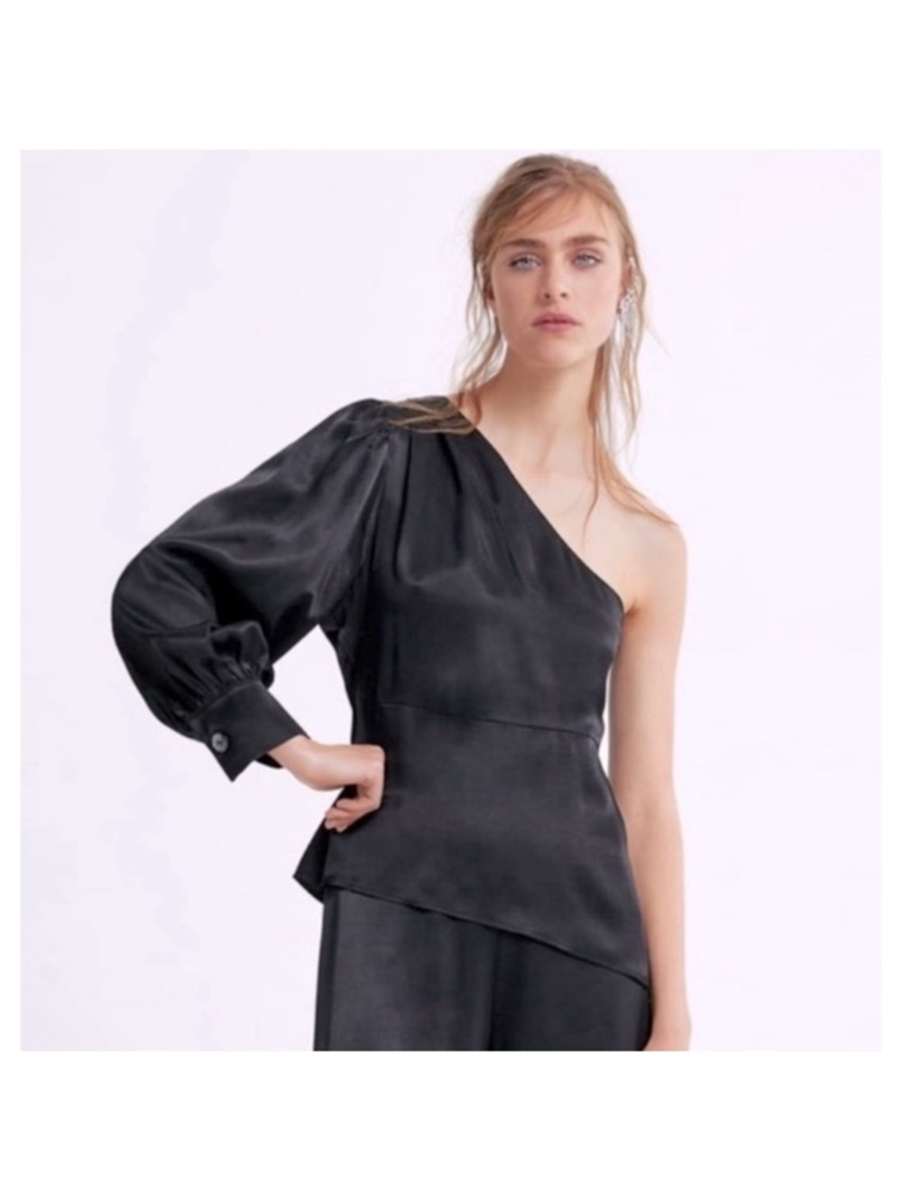 Zara One-Shoulder Satin Blouse in Black Size S